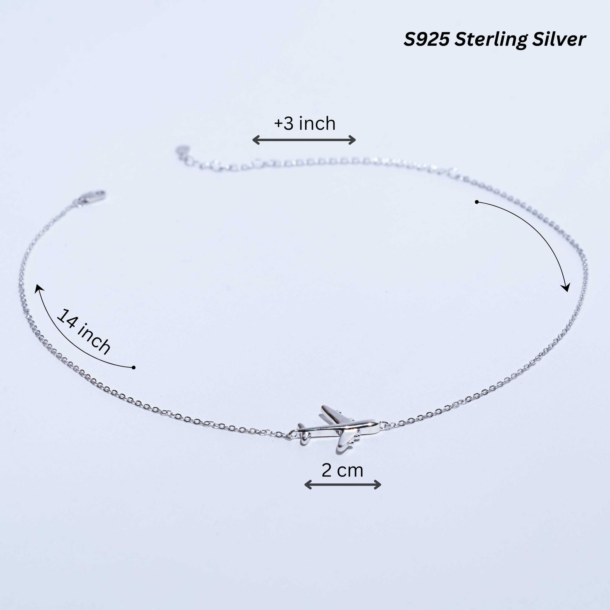 925 Sterling Silver Necklace with Large Airplane (2cm): Featuring an adjustable chain and a 2cm airplane pendant, crafted for a comfortable and stylish fit.
